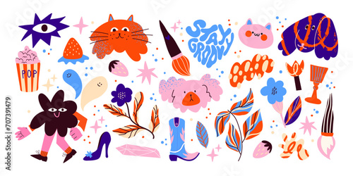 Cartoon groovy stickers set. 90s cute design. botanical elements,stars, pets, flowers,boots. Halloween acid doodle funky set	