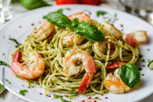 Seafood pasta with pesto sauce on white plate Mediterranean cuisine Top view