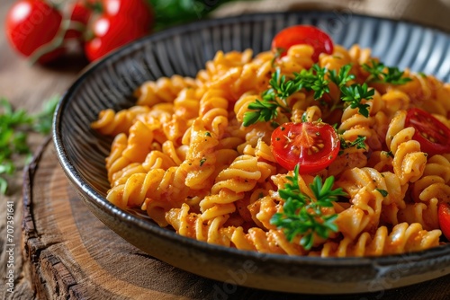 Sicilian pasta with almond and tomatoes pesto Classical Sicilian dish pasta with red pesto