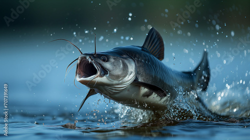 Majestic Catfish Leaping Out of Water at Twilight, Creating Dynamic Splashes