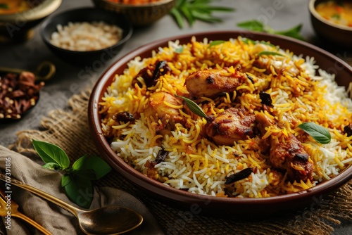 Spicy Indian biryani with chicken mixed rice meat curry and Ramadan Eid celebration photo