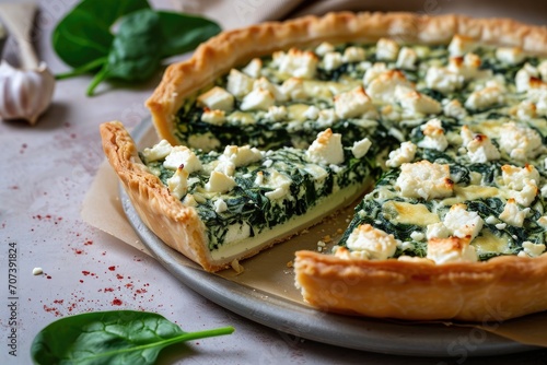 Spinach pie or quiche made with feta cheese without meat