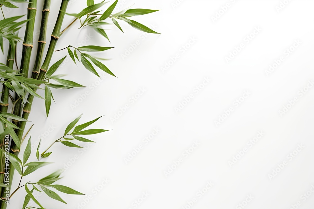 Fototapeta premium Top view of green bamboo stem and leaves on light background with space for text
