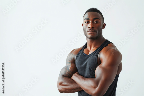 Confident athlete portrait, a powerful portrait of an athlete in a confident pose against a white background.