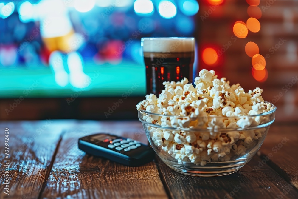 Traditional sports fan set popcorn soda remote football on TV Traditional sports fan set popcorn soda remote football on TV