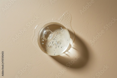 Transparent cosmetic gel viewed from top on a beige background