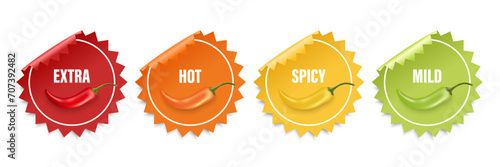 Realistic Vector Round Stickers with Spicy Chili Pepper Levels. Red, Orange, Yellow, Green Jalapeno Pepper Strength Scale Sticker Indicators with Mild, Spicy, Hot and Extra Positions photo