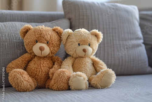 Two stuffed bears on a couch symbolize love and unity