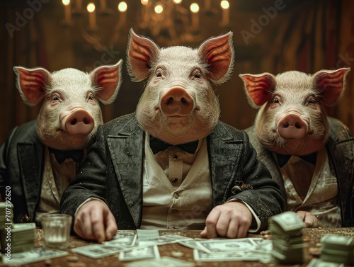 Hombres con traje y corbata y máscaras de cerdos jugando con dinero, fotografía reivindicativa sobre la corrupción política y policial y los mafiosos