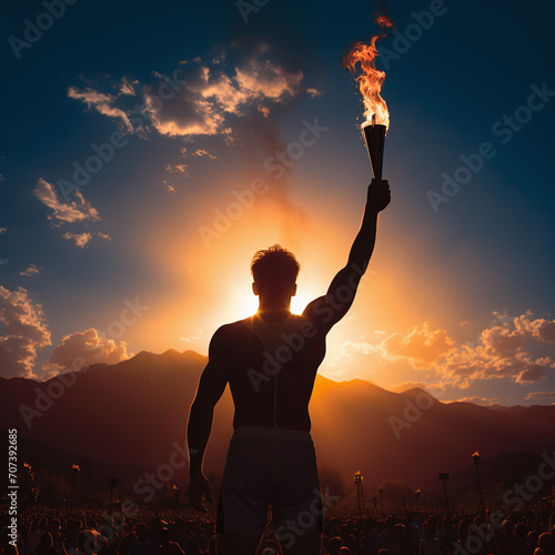 silhouette of a man holding the torch of the olcmpic fire photo