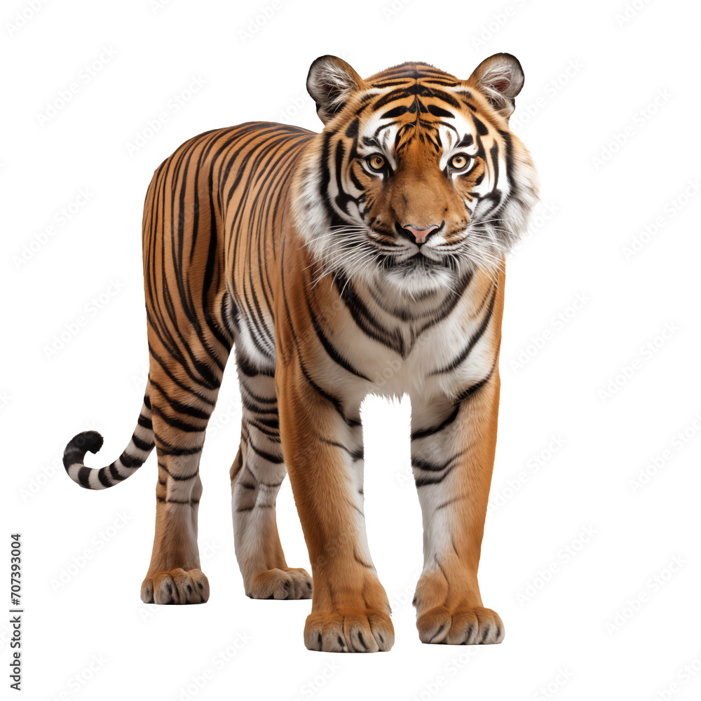 a tiger standing on a white background