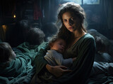 Mujer dando el pecho a su hijo por la noche en una habitación oscura, alto contraste