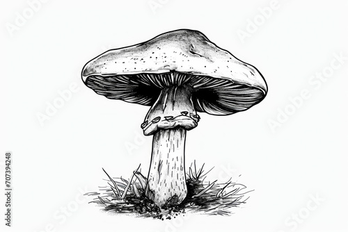 Black and white drawing or illustration of a mushroom. Background with selective focus and copy space photo