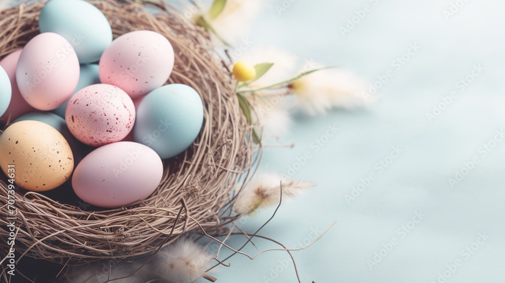 Nests with quail Easter eggs on a soft blue wooden background.
