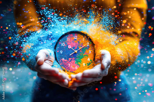 Reloj explotando en explosión muy colorida conceptual y creativa sobre que hay que aprovechar el tiempo y ser creativo  photo
