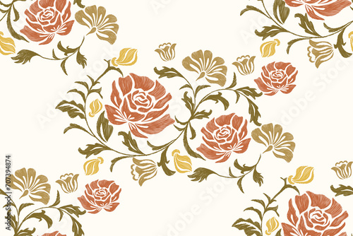 Rose Floral pattern seamless paisley embroidery border flower motifs. Ethnic vintage Ikat pattern Europe baroque design. Bohemian orange colour vector illustration design .