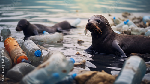 fur seals in the water among plastic bottles and garb.