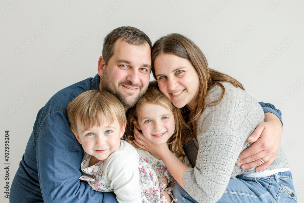 A joyful and playful portrait of a family against a white background.