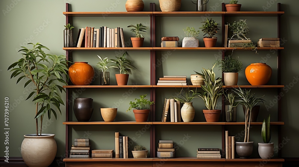 Bookshelf with plants modern decor for virtual office backgrounds, studio backdrop, print large on a back wall : Generative AI - obrazy, fototapety, plakaty 