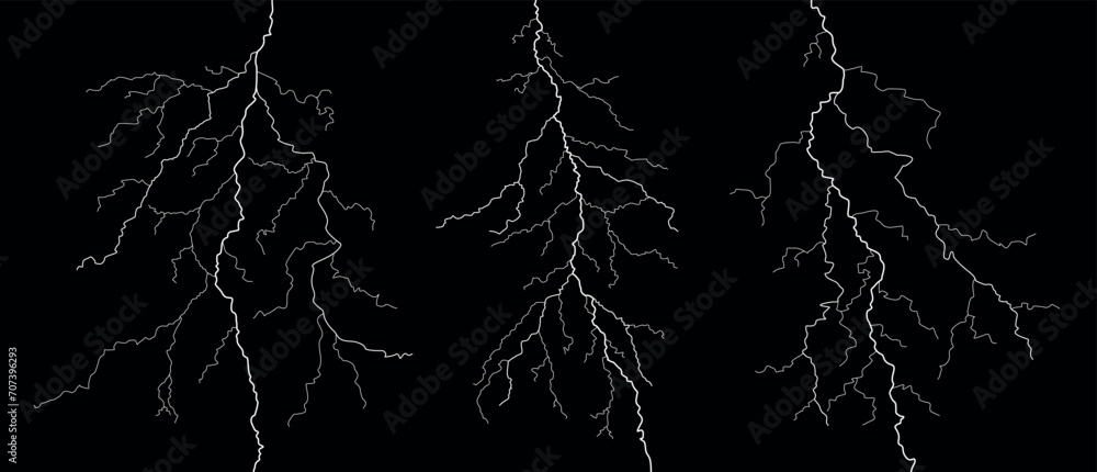 Illustration of lightning, electric discharge. Attribute of thunderstorm, thunder and rain. Natural phenomenon, a bright flash of light in the sky.