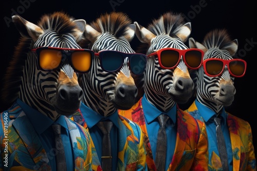 zebra portrait with sunglasses  Funny animals in a group together looking at the camera  wearing clothes  having fun together  taking a selfie  An unusual moment full of fun and fashion consciousness.