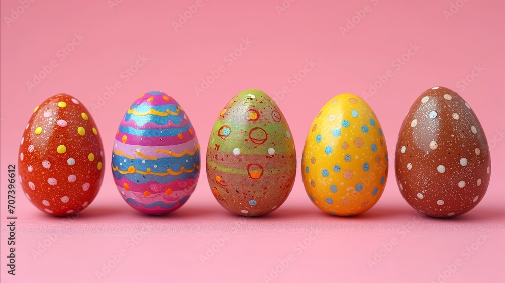 Row of Painted Eggs on a Pink Background