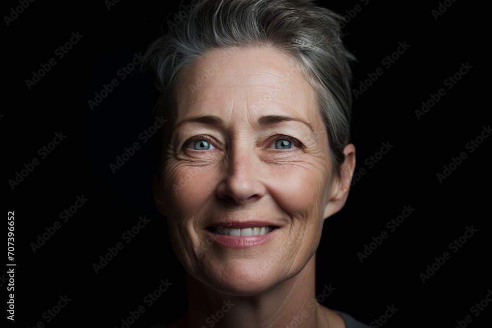Portrait of a smiling senior woman on a black background. Close up. Portrait of a smiling senior woman on a black background. Close up.