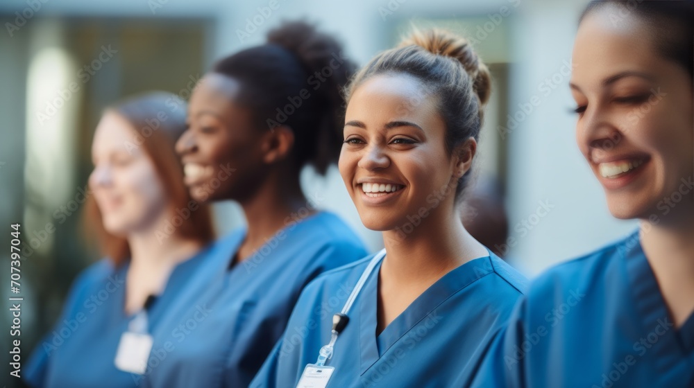 Multiracial group of medical students using computer while studying in lecture hall. Neural network AI generated art