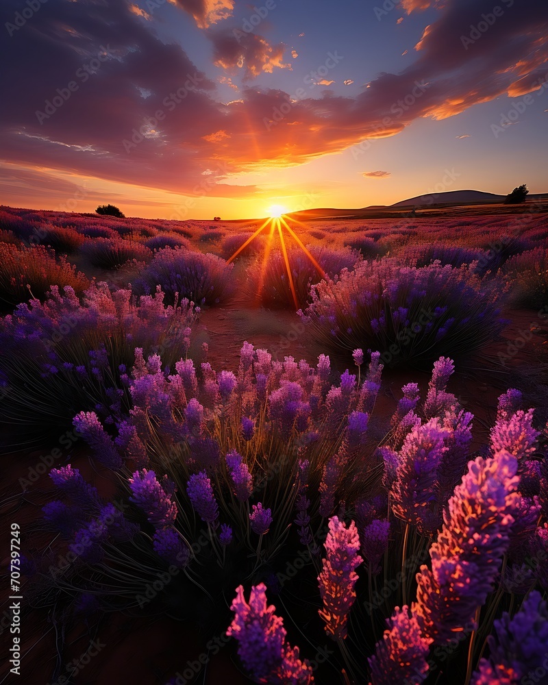 Beautiful image of lavender field over summer sunset landscape. Sunset rays over a lavender flowers. : Generative AI