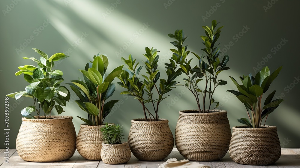 green plants in wicker pots on round carpet on white wall background with copy space in living room with bohemian interior, home decor concept : Generative AI green plants in wicker pots on round carpet on white wall background with copy space in living room with bohemian interior, home decor concept : Generative AI