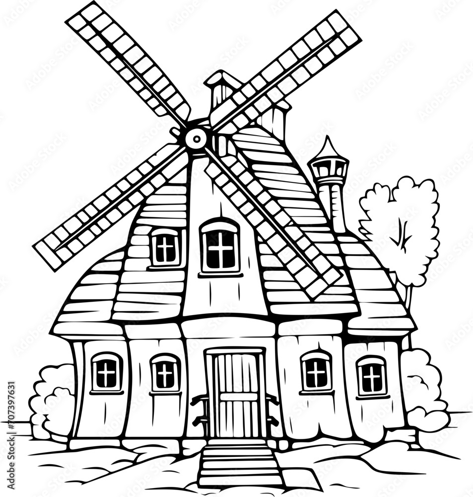 Vintage windmill house drawing