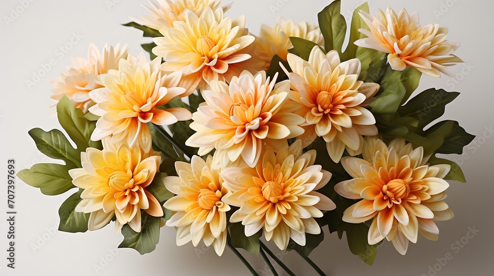 Flowers creative composition. Bouquet of chrysanthemum flowers plant with leaves isolated on white background. Flat lay, top view, copy space : Generative AI