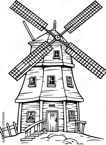 Vintage windmill house drawing