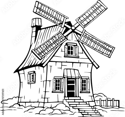 Vintage windmill house drawing