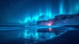 Scenic Image of Iceland. Fantastic nature landscape of Iceland. Incredible seascape with Aurora borealis Northern lights over the Reynisdrangar cliffs near the Vik town. Stunning of Ic : Generative AI