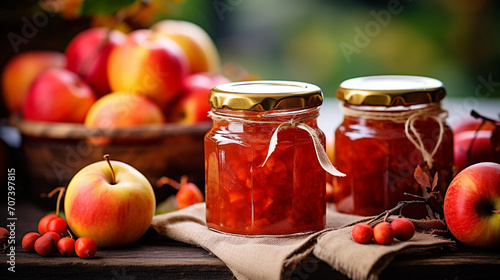 Apple jam in a glass jar. Apple jam on a wooden background. Delicious natural marmalade
