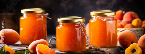 Apricot fruits and apricot jam on the wooden background.Delicious natural marmalade photo