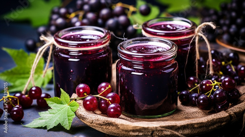 Currant jam in a glass jar. Currant jam on a wooden background. Delicious natural marmalade