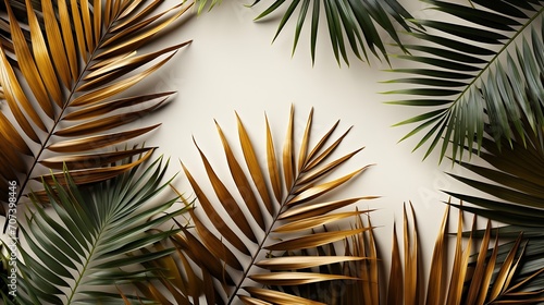 Tropical palm leaves on white background. Summer concept. Flat lay, top view, copy space : Generative AI photo