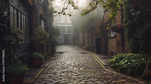 a small street in Kensington London with mews houses. Daylight and fog.