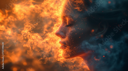 Beautiful woman, background with double exposure and fire © gabriele