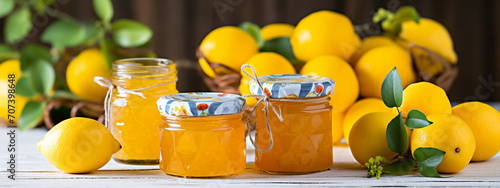 lemon jam in a glass jar. lemon jam on a wooden background. Delicious natural marmalade