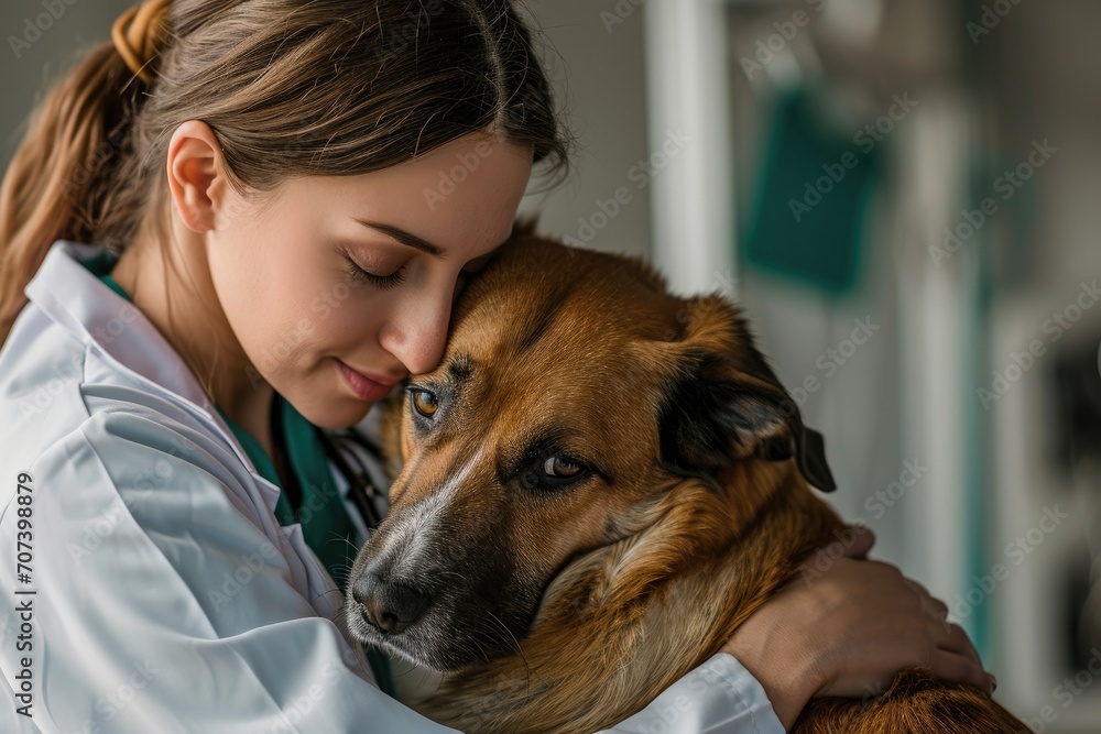 Compassionate veterinarian with a pet, in an animal clinic, with a comforting background Compassionate veterinarian with a pet, in an animal clinic, with a comforting background