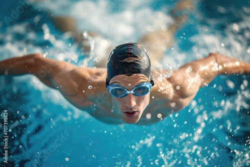Athletic male swimmer in a competitive pose