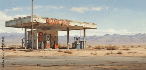 A deserted, weathered gas station in the midst of a desert, its crumbling structure bearing a palpable texture of forsaken infrastructure. © Asmat