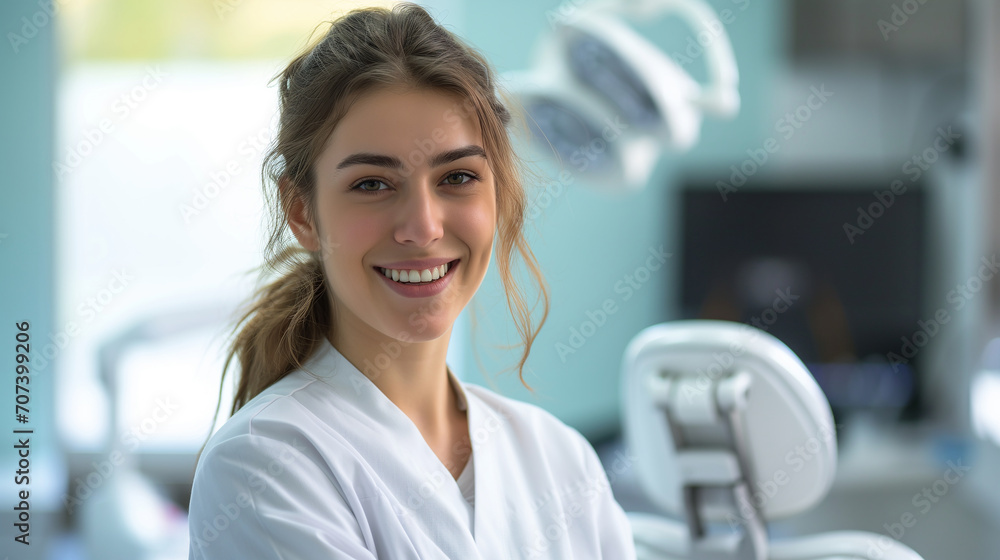 Fototapeta premium Dentist Woman Smiling While Standing in Dental Clinic