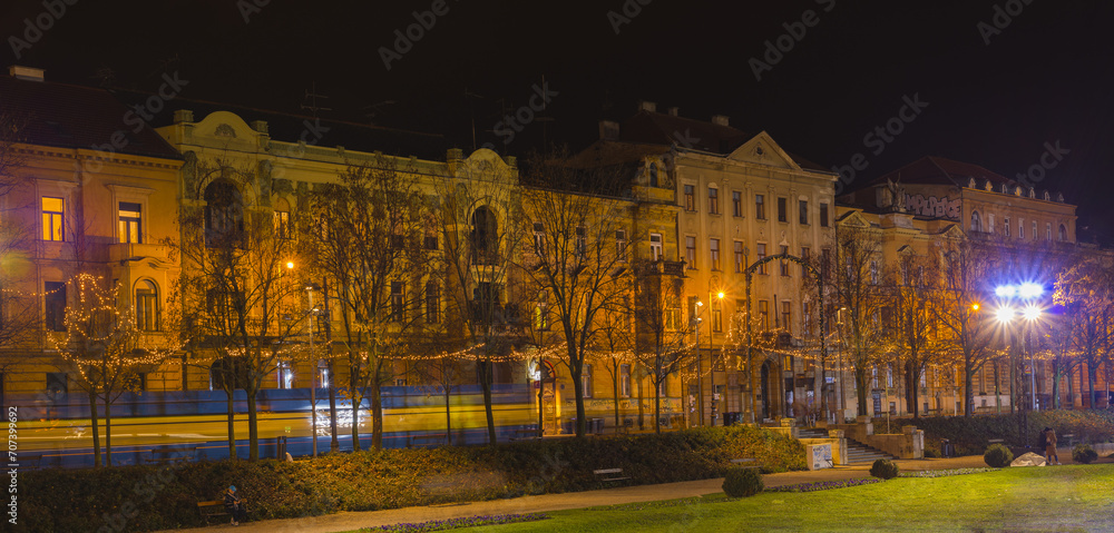 Night shot of King Tomislav Square and tram in Zagreb, Croatia