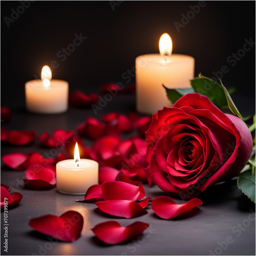 Red rose petals forming love by candlelight under realistic romantic full moon