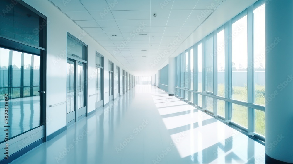 Modern medical or office building with empty corridor, large glass windows, and captivating sunlight.