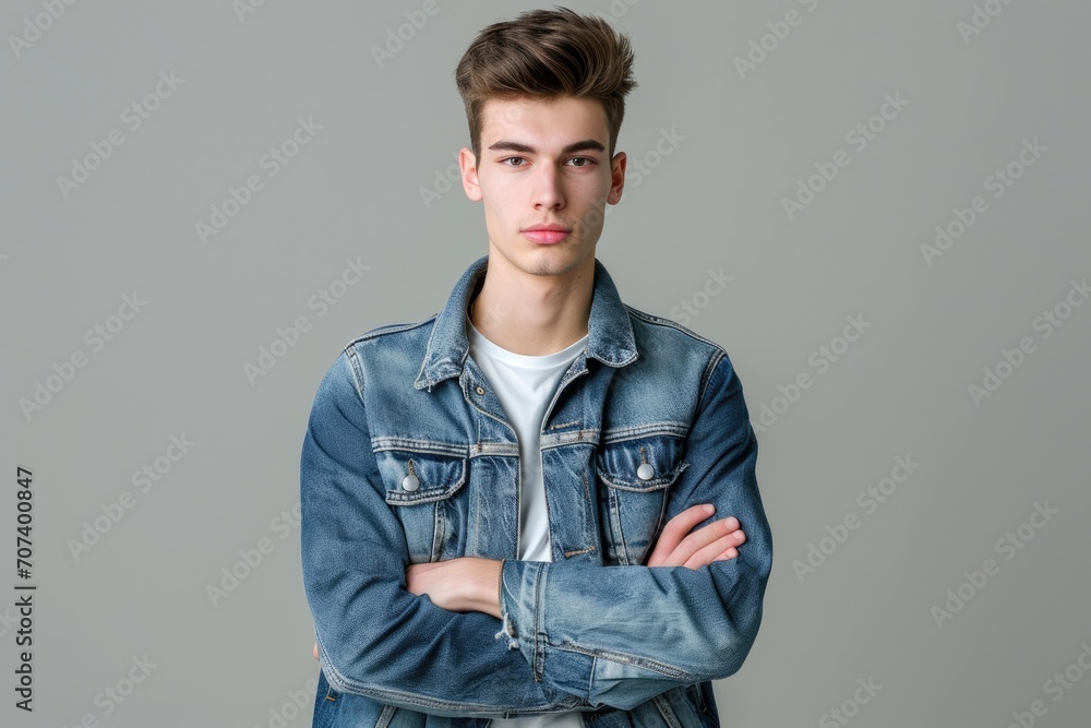 Studio portrait of a stylish young man in a casual denim jacket, posing confidently against a grey background. Studio portrait of a stylish young man in a casual denim jacket, posing confidently against a grey background.